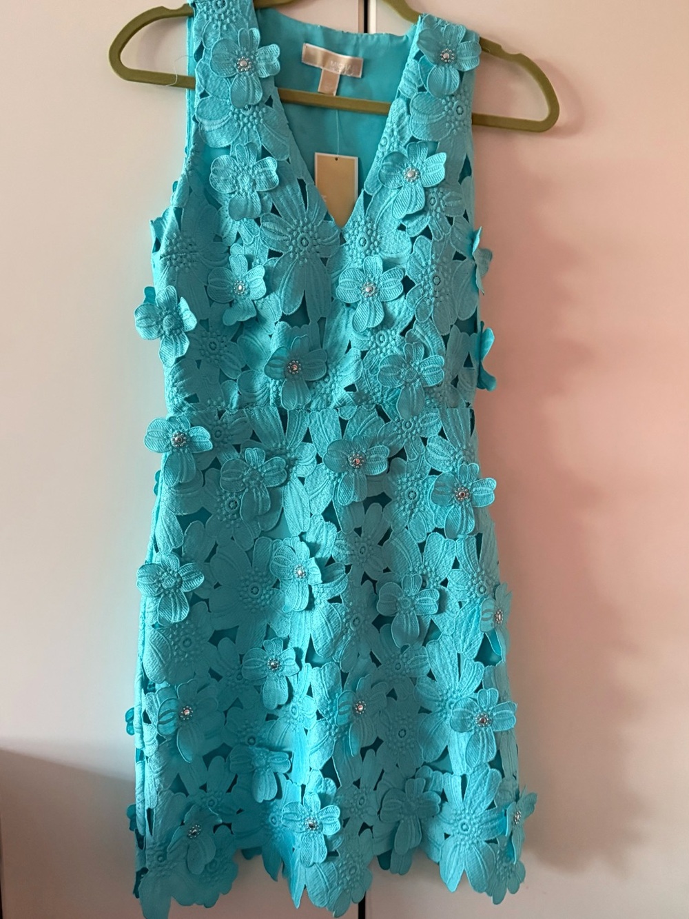 Michael Kors Turquoise Floral Appliqué V-Neck Dress